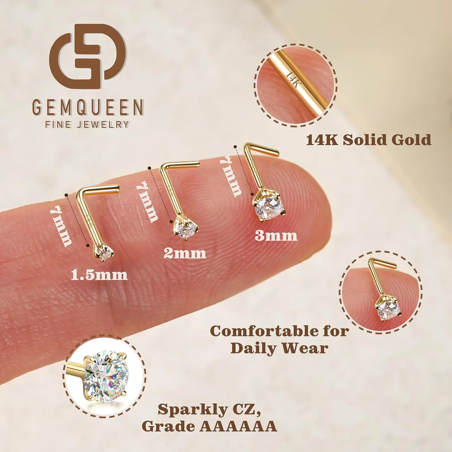 14K Gold Nose Rings Studs : Solid Gold 18G 20G 22G Screw Nose Rings Simulated Diamond CZ Nose Studs Hypoallergenic Nose Piercings for Women Men