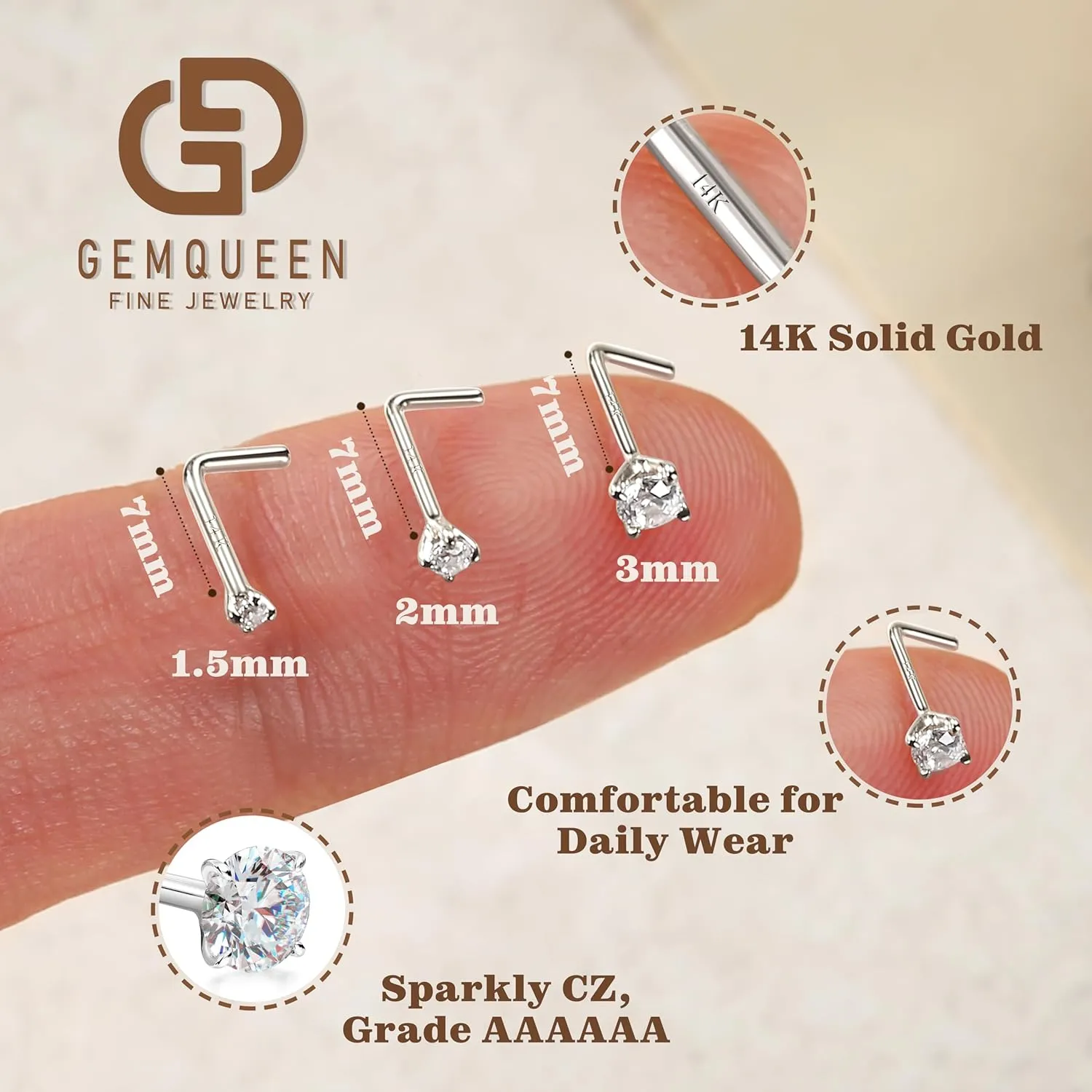 14K Gold Nose Rings Studs : Solid Gold 18G 20G 22G Screw Nose Rings Simulated Diamond CZ Nose Studs Hypoallergenic Nose Piercings for Women Men