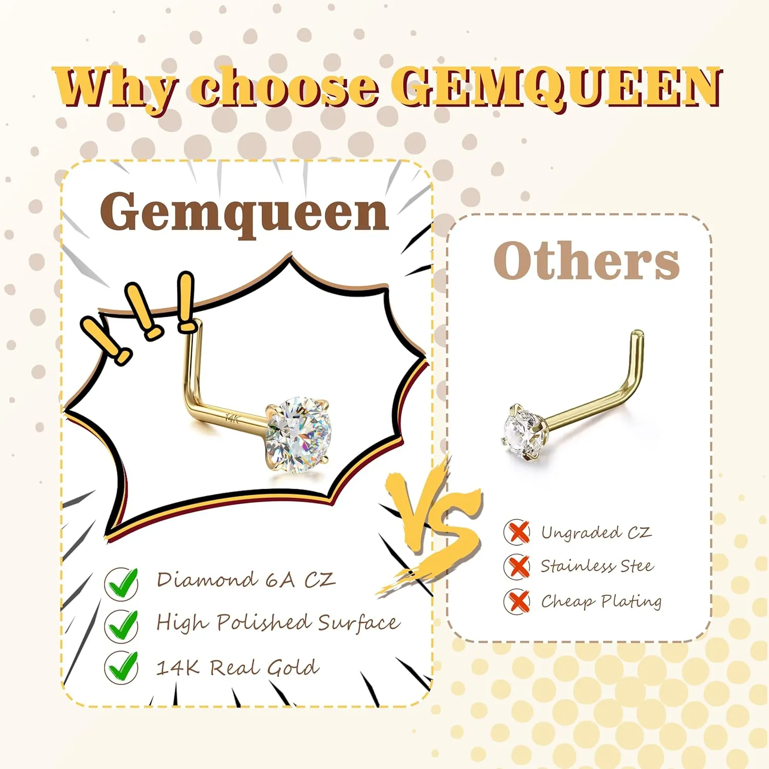 14K Gold Nose Rings Studs : Solid Gold 18G 20G 22G Screw Nose Rings Simulated Diamond CZ Nose Studs Hypoallergenic Nose Piercings for Women Men