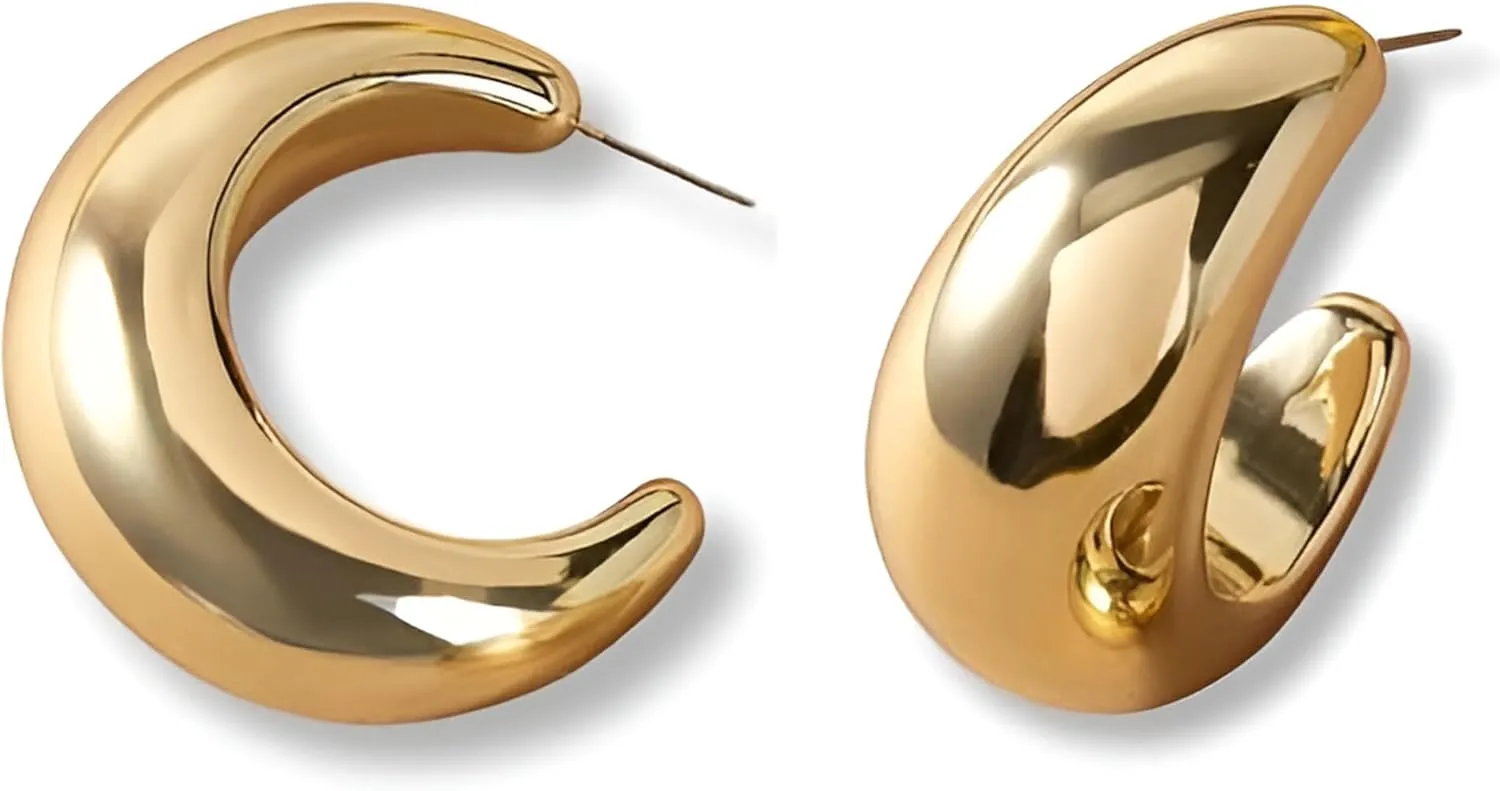 14k Gold Plated Hoop Earrings for Women - Chunky, Trendy, Lightweight, Hypoallergenic Statement Gold Hoop Earrings with 925 Sterling Silver Post - Tarnish Free Gold Jewelry