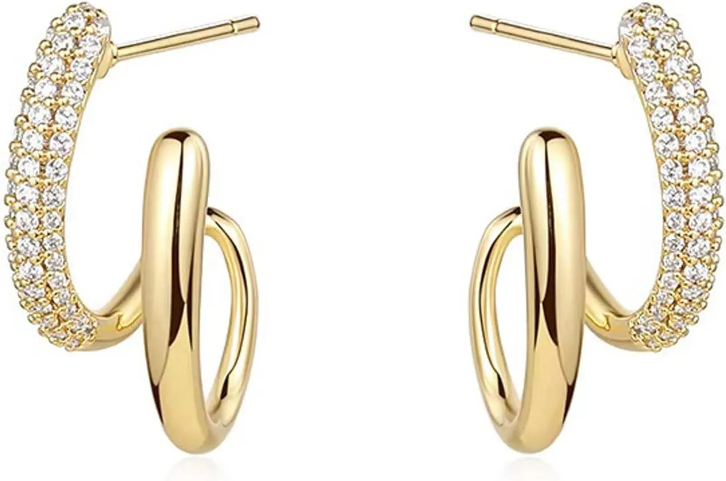14K Gold Plated Huggie Earrings for Women, Double Huggie Hoop Earrings for Single Piercing, Ideal for Everyday Wear
