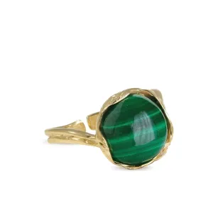 14k Gold Plated Sterling Silver Malachite Sizable Ring For Women; Vintage Style Gold Plated Malachite Natural Gemstone Sizable Ring That Is Perfect For Engagement or Promise Sizable Ring