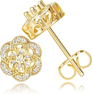 14k Gold Stud Earrings for Women Trendy Flower-shaped Gold Earrings Studs Fit Hypoallergenic Earring CZ Stud Earring Butterfly Push Backings10mm