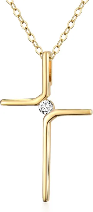 14k Real Gold Cross Necklace for Womens, Simple Yellow Gold Crucifix Cross Pendants Religious Confirmation Jewelry Gift for Her Mom, Wife, 16"-18"