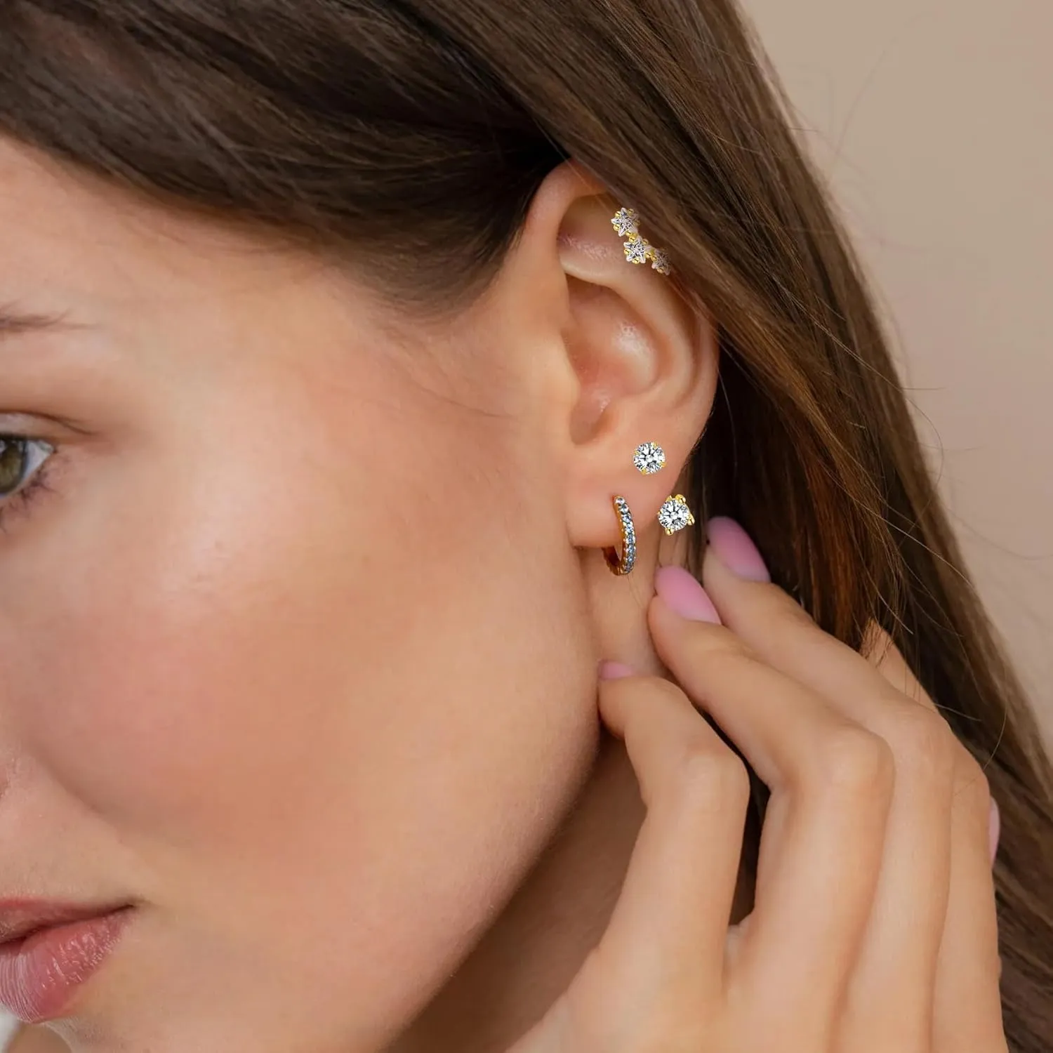 14K Real Gold Earring Sets for Women Dainty Gold Stud Earrings Set Non Tarnish Sterling Silver Earrings Hoops Double Piercing Earrings Two Holes Dainty Earring Sets for Multiple Piercing