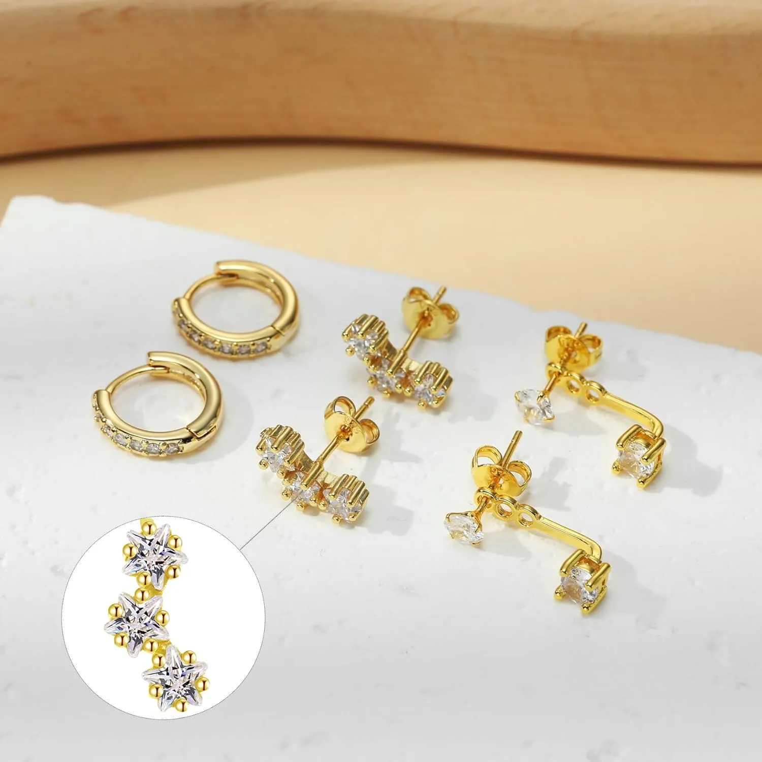 14K Real Gold Earring Sets for Women Dainty Gold Stud Earrings Set Non Tarnish Sterling Silver Earrings Hoops Double Piercing Earrings Two Holes Dainty Earring Sets for Multiple Piercing