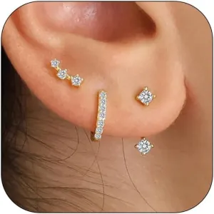 14K Real Gold Earring Sets for Women Dainty Gold Stud Earrings Set Non Tarnish Sterling Silver Earrings Hoops Double Piercing Earrings Two Holes Dainty Earring Sets for Multiple Piercing