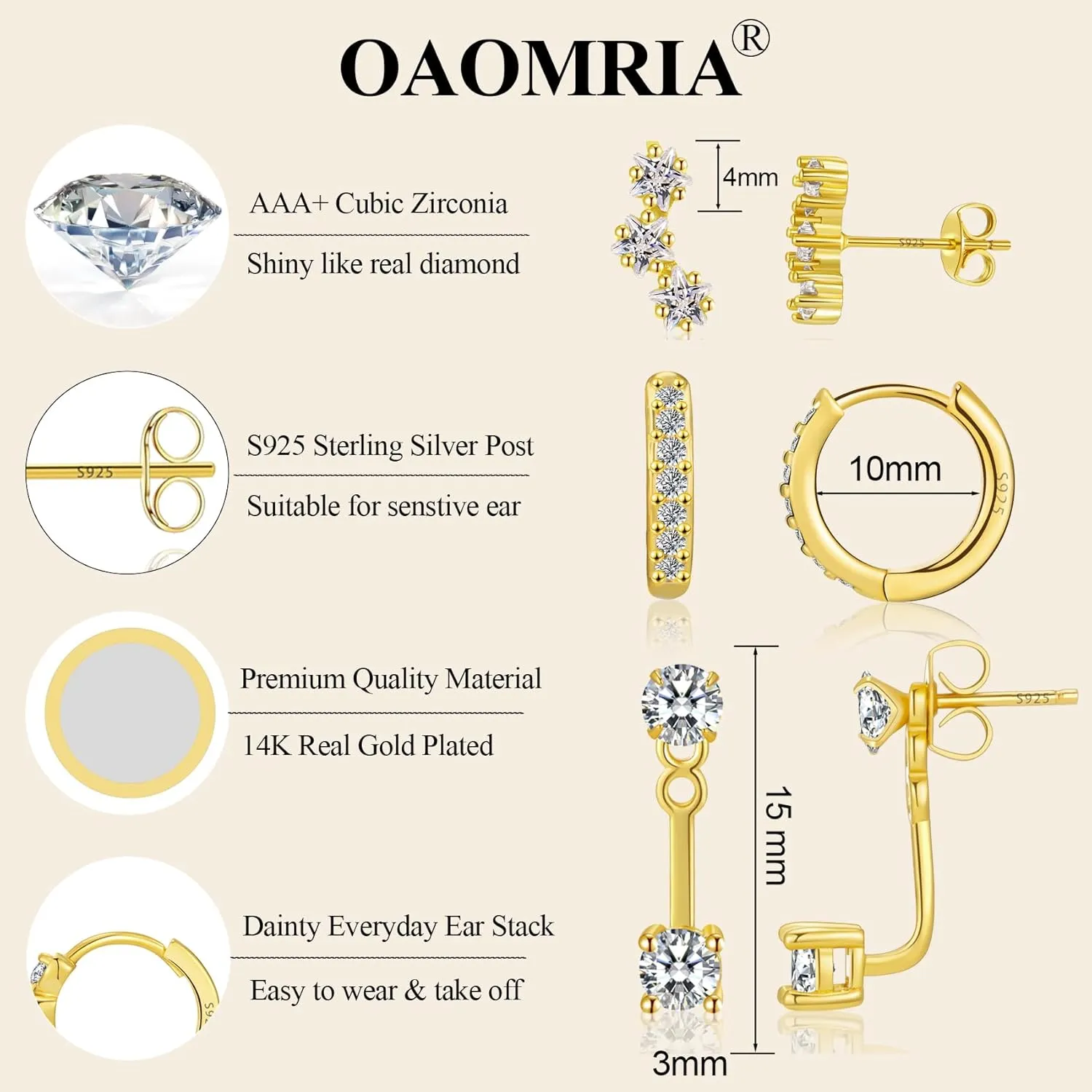 14K Real Gold Earring Sets for Women Dainty Gold Stud Earrings Set Non Tarnish Sterling Silver Earrings Hoops Double Piercing Earrings Two Holes Dainty Earring Sets for Multiple Piercing