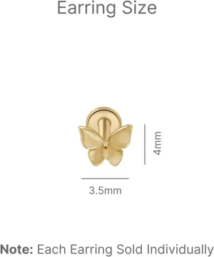 14K Solid Gold Butterfly Flat Back Stud Earring for Women Threaded Lobe Conch Tragus Helix Cartilage Piercing Jewelry Nose Ring Hypoallergenic Minimalist Screwback Earring for Upper Ear SINGLE or PAIR