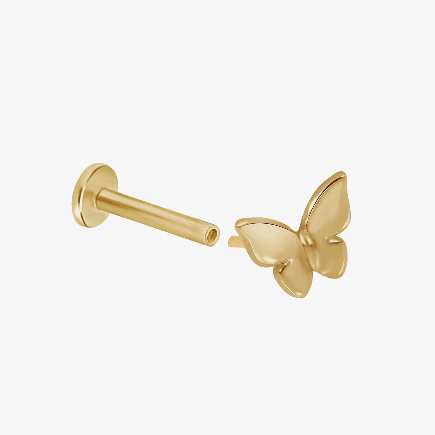 14K Solid Gold Butterfly Flat Back Stud Earring for Women Threaded Lobe Conch Tragus Helix Cartilage Piercing Jewelry Nose Ring Hypoallergenic Minimalist Screwback Earring for Upper Ear SINGLE or PAIR