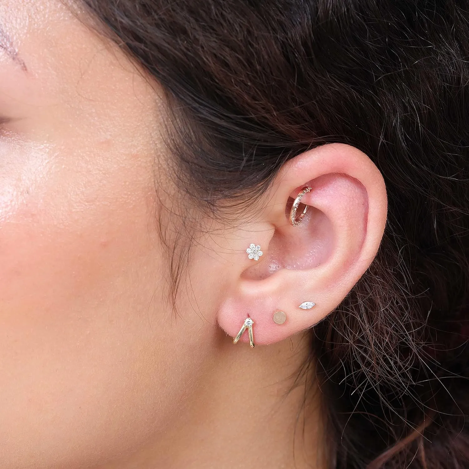 14K Solid Gold Disc Stud Earring for Women Men Flat Back Earring for Sensitive Ears Threaded Upper Ear Conch Tragus Helix Piercing Jewelry Nose Ring New Cartilage Piercing Stud Minimalist SINGLE/PAIR