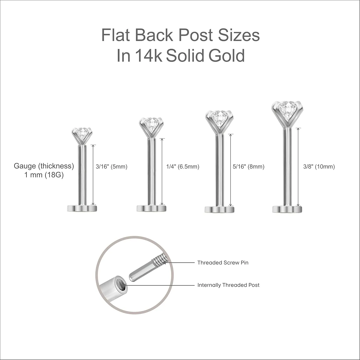 14K Solid Gold Disc Stud Earring for Women Men Flat Back Earring for Sensitive Ears Threaded Upper Ear Conch Tragus Helix Piercing Jewelry Nose Ring New Cartilage Piercing Stud Minimalist SINGLE/PAIR