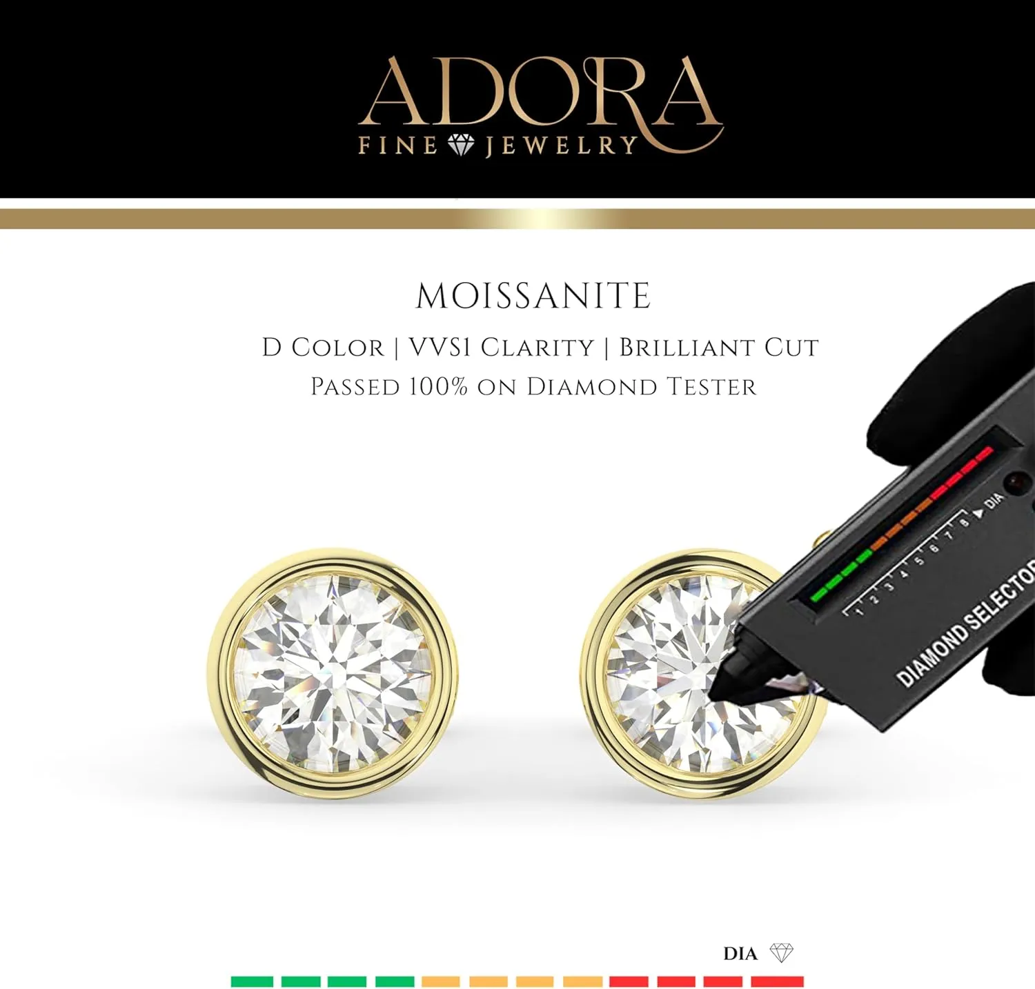 14K Solid Gold Moissanite Bezel Stud Earrings for Women | 0.50 to 2.00 CTW | Round Cut | Push Back or Screw Back | White or Yellow Gold | Made in USA | By Adora Fine Jewelry