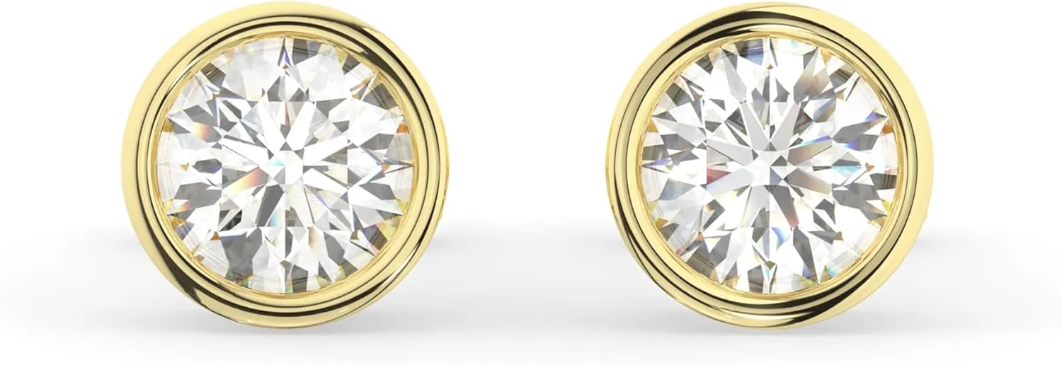 14K Solid Gold Moissanite Bezel Stud Earrings for Women | 0.50 to 2.00 CTW | Round Cut | Push Back or Screw Back | White or Yellow Gold | Made in USA | By Adora Fine Jewelry