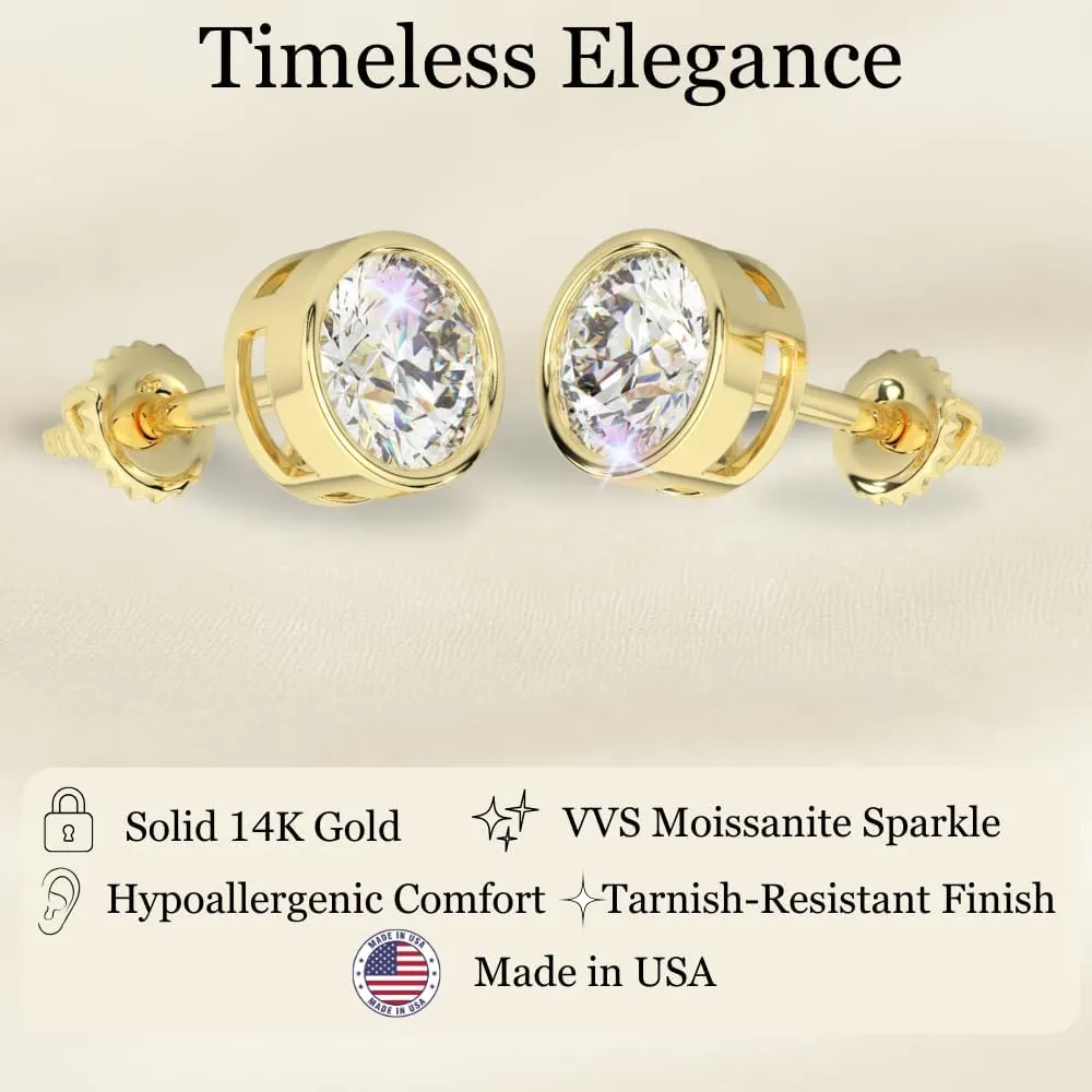 14K Solid Gold Moissanite Bezel Stud Earrings for Women | 0.50 to 2.00 CTW | Round Cut | Push Back or Screw Back | White or Yellow Gold | Made in USA | By Adora Fine Jewelry