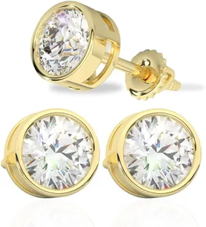 14K Solid Gold Moissanite Bezel Stud Earrings for Women | 0.50 to 2.00 CTW | Round Cut | Push Back or Screw Back | White or Yellow Gold | Made in USA | By Adora Fine Jewelry