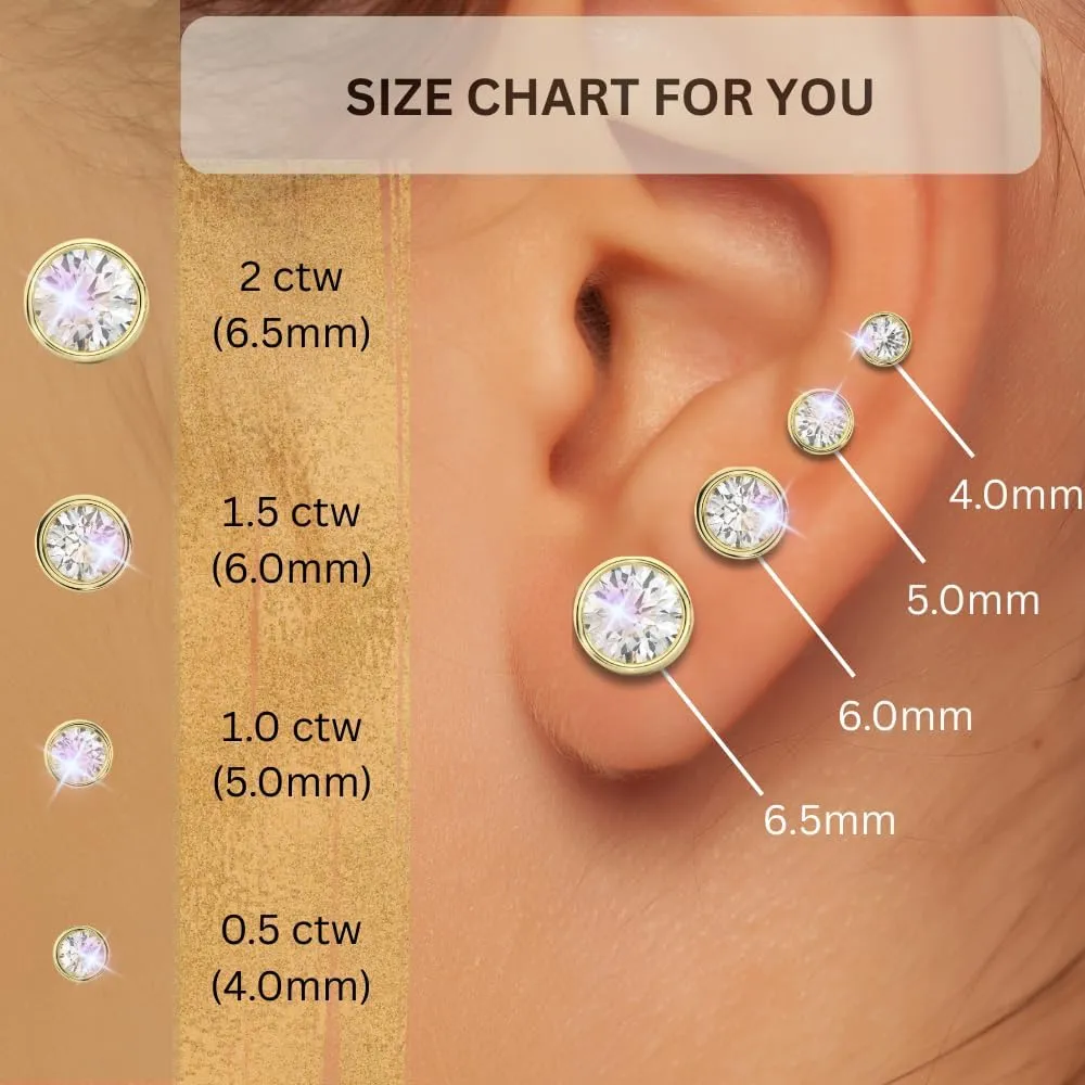 14K Solid Gold Moissanite Bezel Stud Earrings for Women | 0.50 to 2.00 CTW | Round Cut | Push Back or Screw Back | White or Yellow Gold | Made in USA | By Adora Fine Jewelry