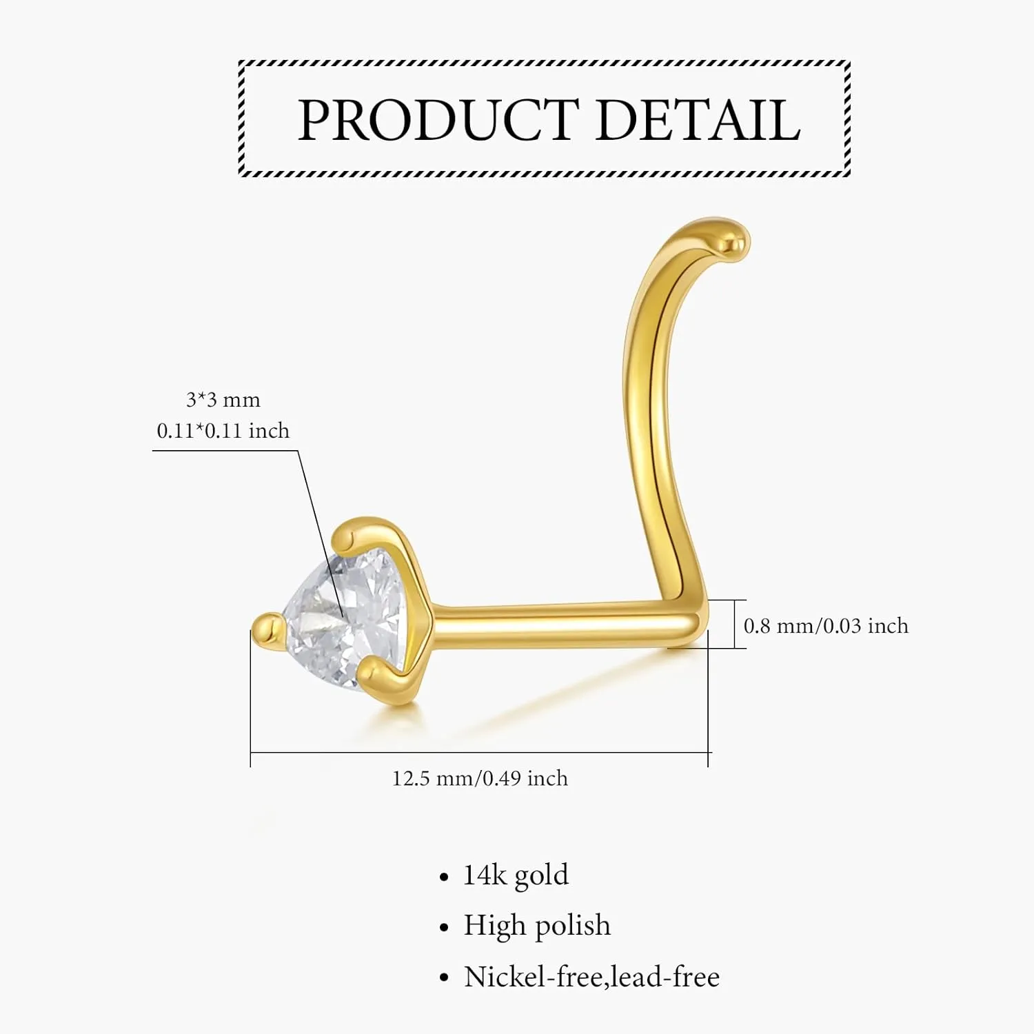 14K Solid Gold Nose Studs Rings 20g Moissanite Corkscrew L Shaped Nose Rings, 20 Gauge Nose Ring Piercing for Women Wen Gifts
