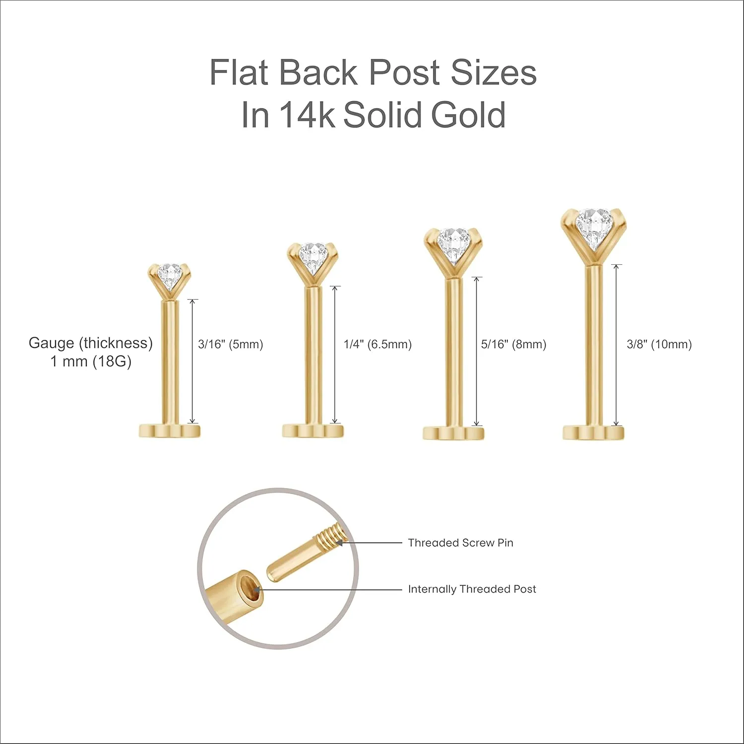 14K Solid Gold SINGLE Stud Earring for Men Women - Hypoallergenic Skull Design Flatback Earrings for Tragus Helix and Lobe Piercings Jewelry - Minimalist Flat Back Stud Earring for Upper Ear Piercings