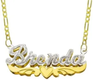 14K Two Tone Color Solid Yellow Gold Personalized Custom Double Plate 3D Name Necklace with Heart and Wings Designs