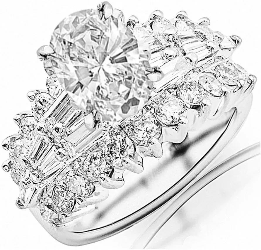 14K White Gold 5 Carat LAB GROWN DIAMOND Exquisite Prong Set Bageutte And Round Oval Cut Diamond Engagement Ring (G-H Color VS2-SI1 Clarity 3 Ct Center)