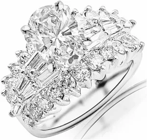 14K White Gold 5 Carat LAB GROWN DIAMOND Exquisite Prong Set Bageutte And Round Oval Cut Diamond Engagement Ring (G-H Color VS2-SI1 Clarity 3 Ct Center)
