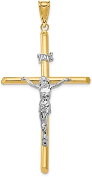 14k Yellow and White Gold Two Tone Jesus Cross Pendant Crucifix Charm - 62mm x 32mm