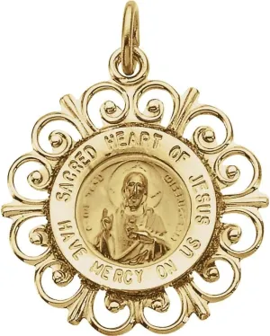 14k Yellow Gold 18mm Round Shape Sacred Heart of Jesus Saint Medal Religious Pendant Fine Jewelry for Women Gifts for Her