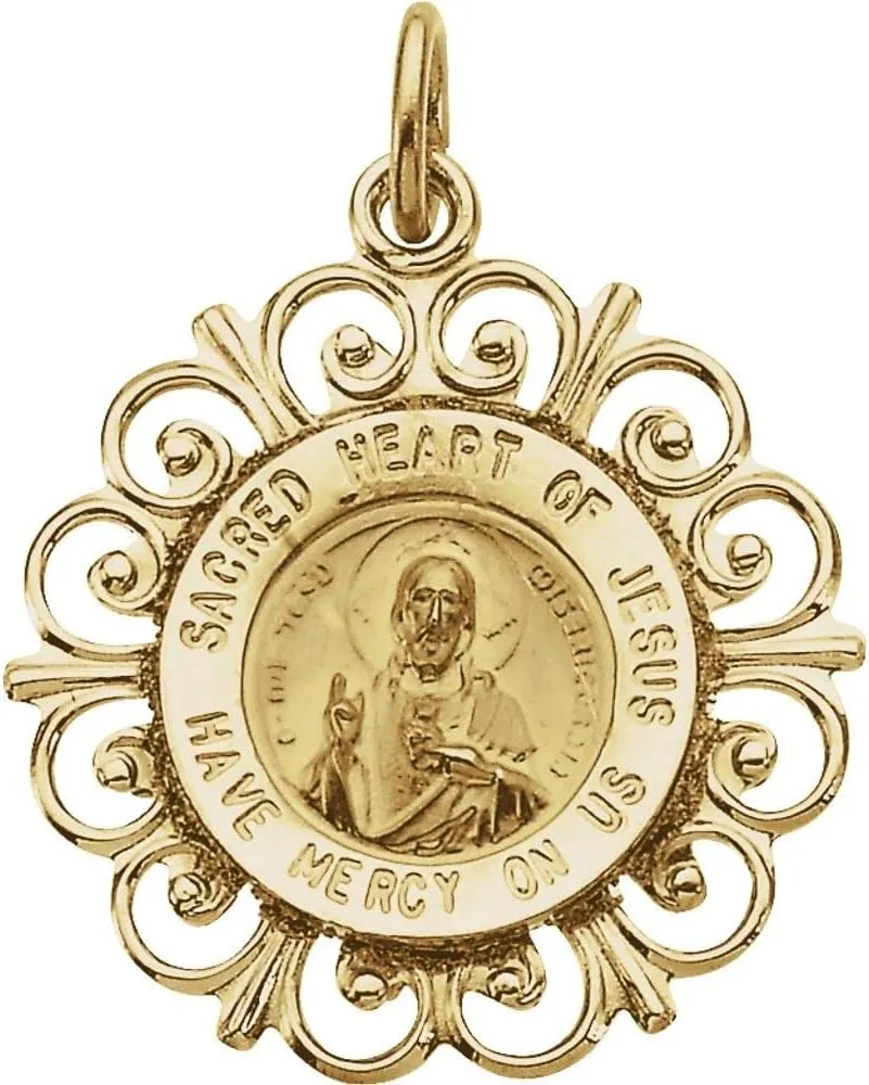 14k Yellow Gold 18mm Round Shape Sacred Heart of Jesus Saint Medal Religious Pendant Fine Jewelry for Women Gifts for Her