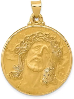14k Yellow Gold Face of Jesus Medal Brushed Matte Finish Pendant Charm - 33mm x 28mm