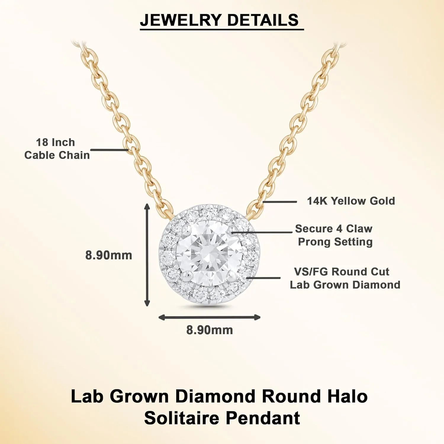 14KT White or Yellow Gold IGI Certified Round Halo Pendant Necklace with 18" 14KT Gold Cable Chain for Women's | 0.60 ct to 0.90 ct Lab Grown Diamond Pendant (Clarity: VS, Color: FG)