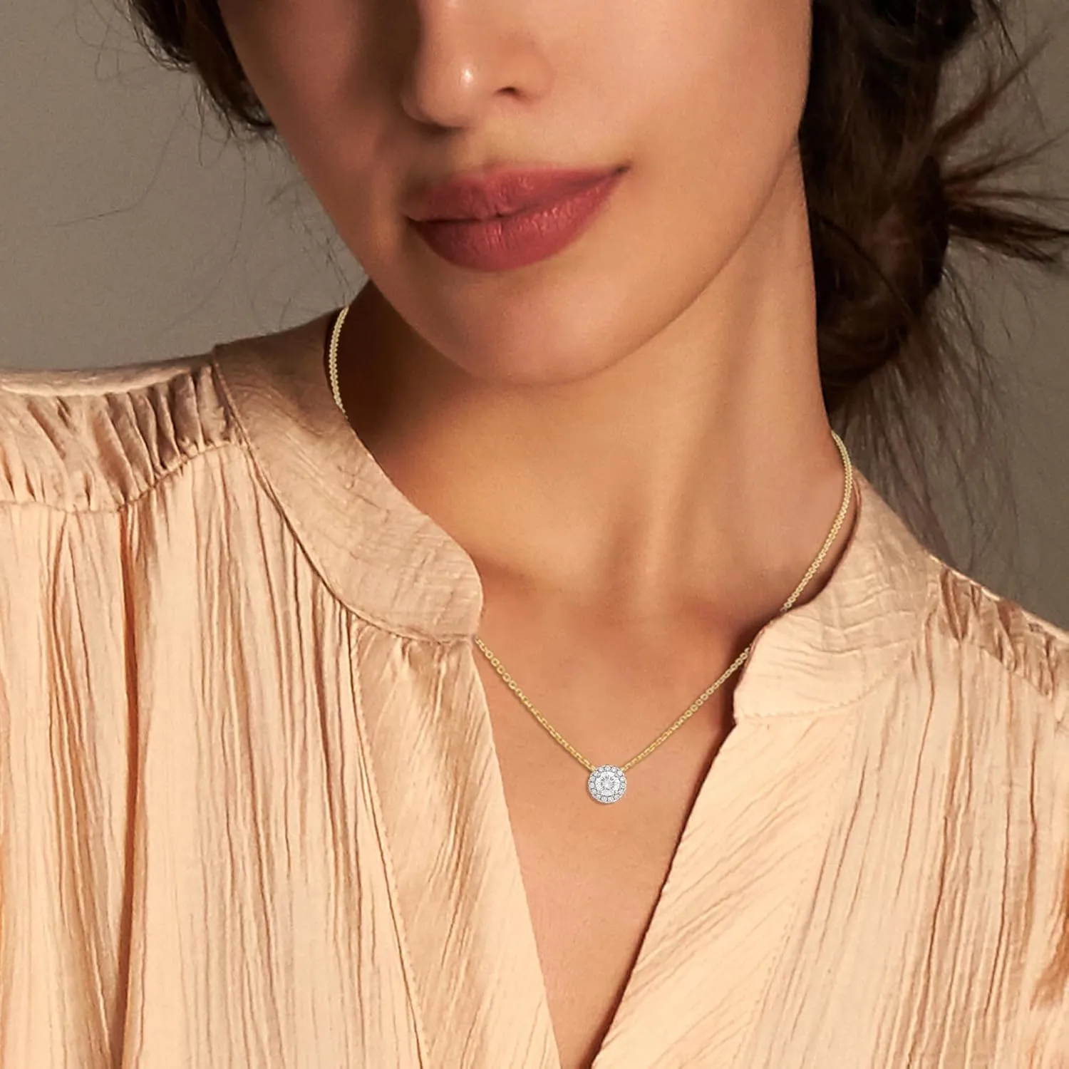 14KT White or Yellow Gold IGI Certified Round Halo Pendant Necklace with 18" 14KT Gold Cable Chain for Women's | 0.60 ct to 0.90 ct Lab Grown Diamond Pendant (Clarity: VS, Color: FG)