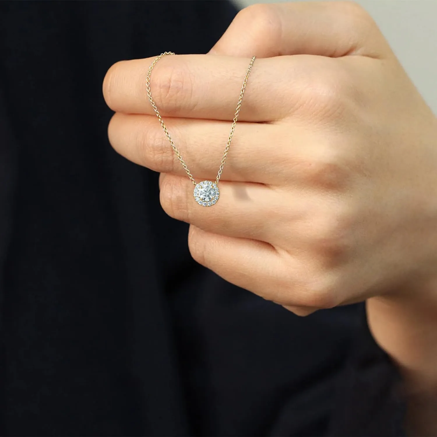 14KT White or Yellow Gold IGI Certified Round Halo Pendant Necklace with 18" 14KT Gold Cable Chain for Women's | 0.60 ct to 0.90 ct Lab Grown Diamond Pendant (Clarity: VS, Color: FG)