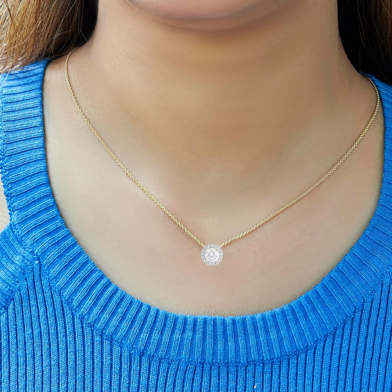 14KT White or Yellow Gold IGI Certified Round Halo Pendant Necklace with 18" 14KT Gold Cable Chain for Women's | 0.60 ct to 0.90 ct Lab Grown Diamond Pendant (Clarity: VS, Color: FG)