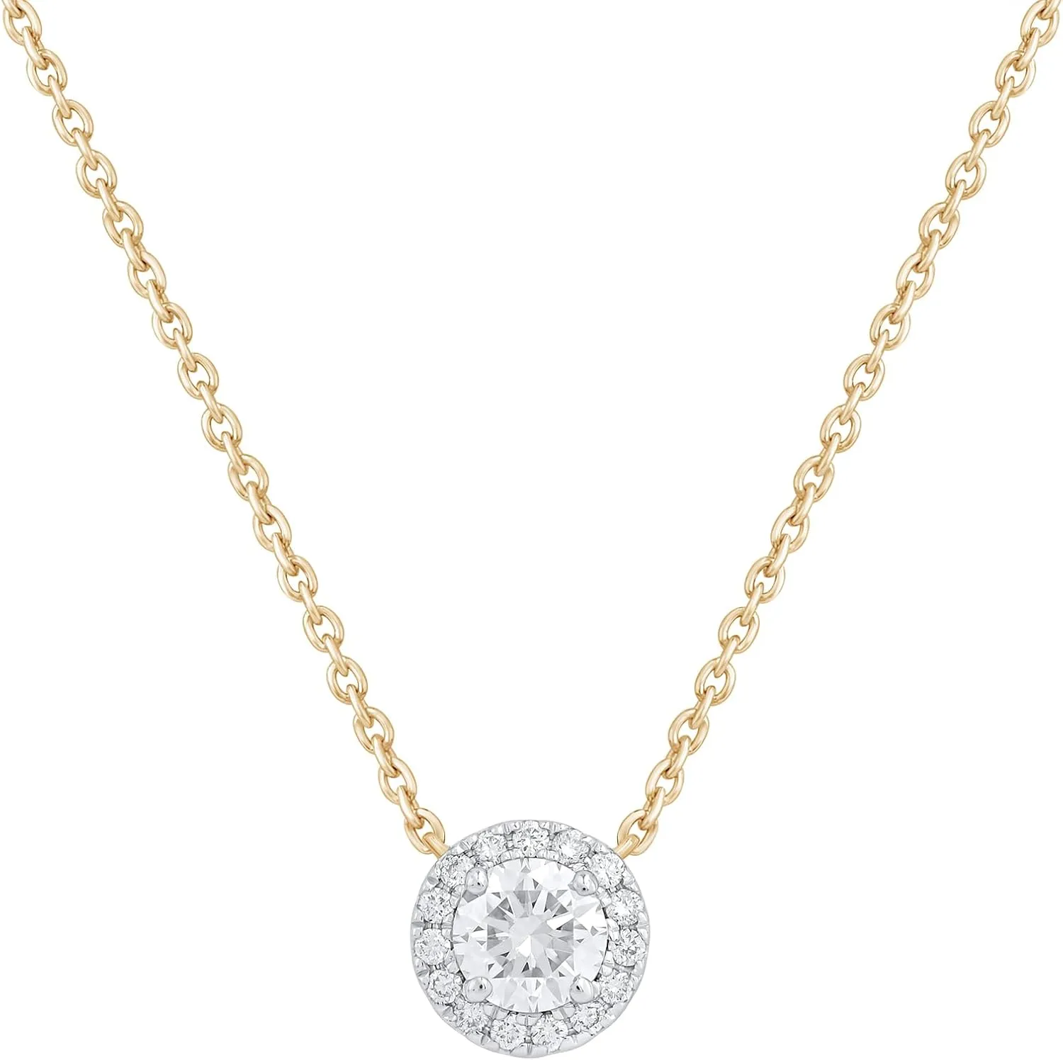14KT White or Yellow Gold IGI Certified Round Halo Pendant Necklace with 18" 14KT Gold Cable Chain for Women's | 0.60 ct to 0.90 ct Lab Grown Diamond Pendant (Clarity: VS, Color: FG)