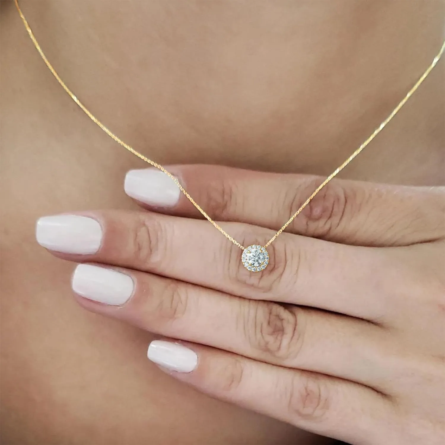 14KT White or Yellow Gold IGI Certified Round Halo Pendant Necklace with 18" 14KT Gold Cable Chain for Women's | 0.60 ct to 0.90 ct Lab Grown Diamond Pendant (Clarity: VS, Color: FG)