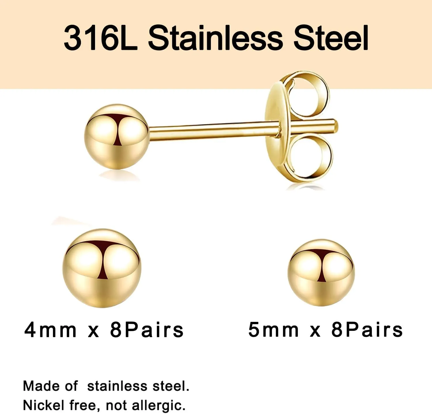 15 Pairs Surgical Steel Ball Stud Earrings Set for Women & Men, 2-6mm, Silver & Gold, Hypoallergenic, 316L Stianless Steel
