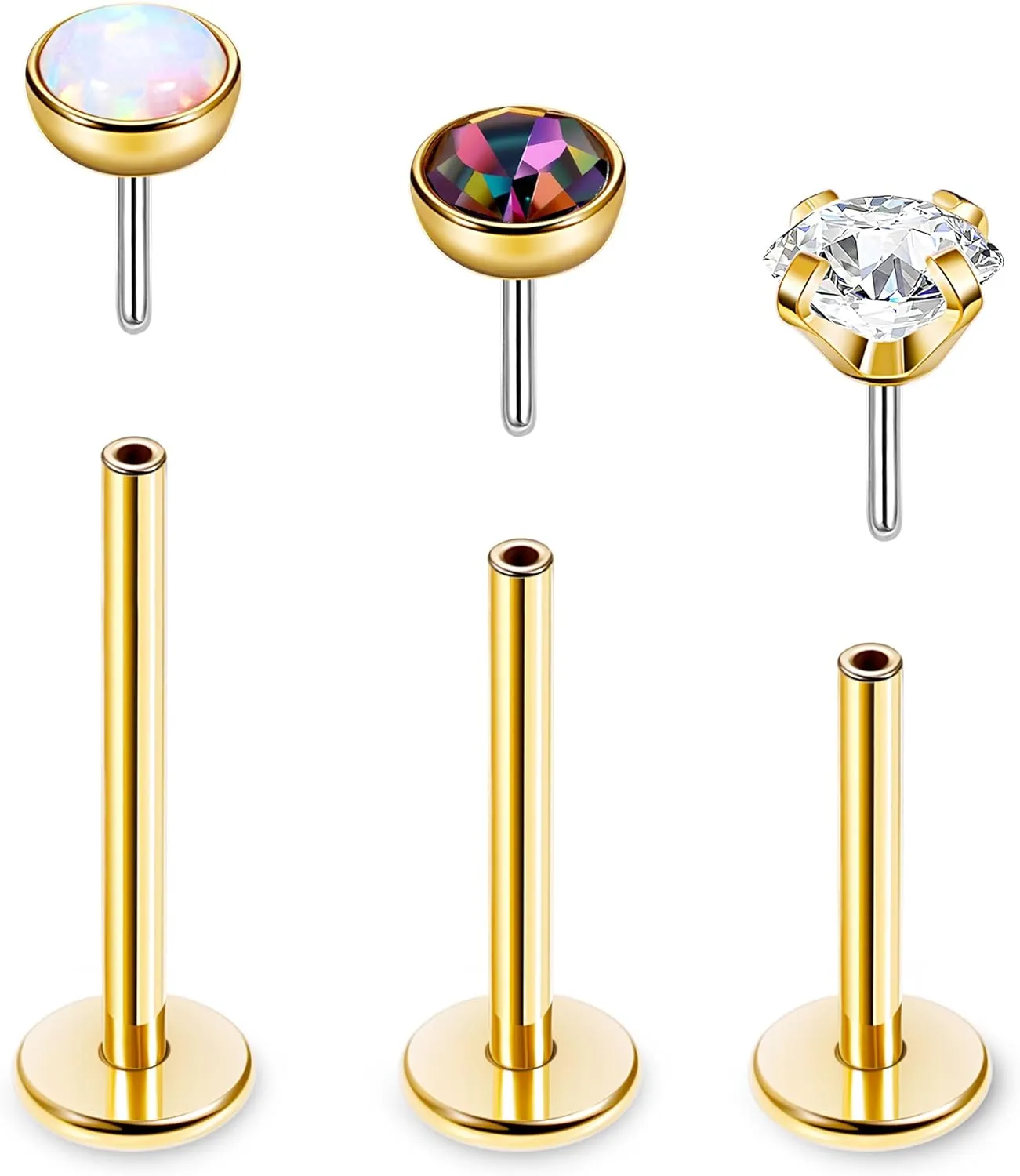 16G 18G 20G 3PCS G23 Titanium Push in Labret Monroe Stud Threadless Lip Ring Opal CZ Nose Stud Pure Titanium for Sensitive Skin Cartilage Helix Tragus Earrings Stud 6MM 8MM 10MM