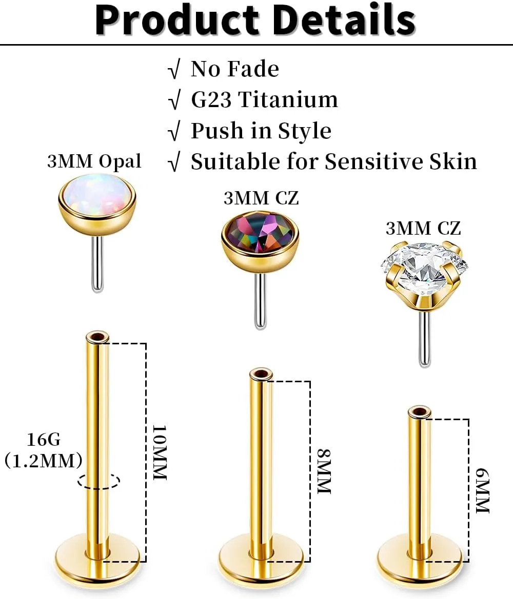 16G 18G 20G 3PCS G23 Titanium Push in Labret Monroe Stud Threadless Lip Ring Opal CZ Nose Stud Pure Titanium for Sensitive Skin Cartilage Helix Tragus Earrings Stud 6MM 8MM 10MM
