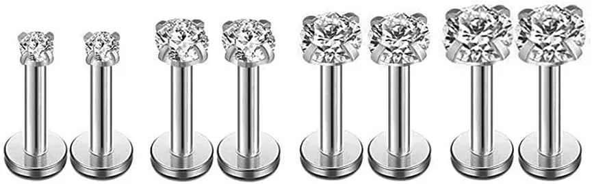 16g CZ Labret Cartilage Tragus Monroe Lip Nose Helix Diamond Studs Earrings for Women Men Stainless Steel Cubic Zirconia Piercing Jewelry 2mm 3mm 4mm 5mm 4 Pairs Set