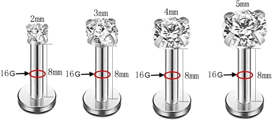16g CZ Labret Cartilage Tragus Monroe Lip Nose Helix Diamond Studs Earrings for Women Men Stainless Steel Cubic Zirconia Piercing Jewelry 2mm 3mm 4mm 5mm 4 Pairs Set