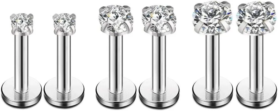 16g CZ Labret Cartilage Tragus Monroe Lip Nose Helix Stud Earrings Stainless Steel Cubic Zirconia Tiny Mini Small Studs Body Piercing Jewelry Hypoallergenic 2mm 3mm 4mm 3 Pairs Set