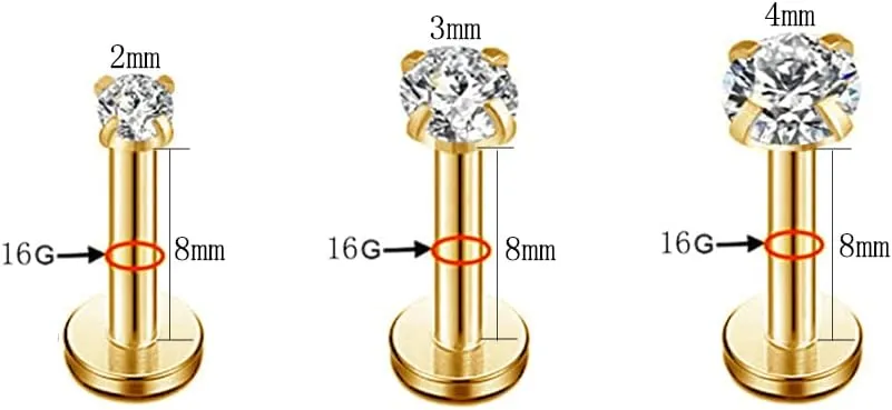 16g CZ Labret Cartilage Tragus Monroe Lip Nose Helix Studs Earrings Stainless Steel Round Cubic Zirconia Piercings Jewelry For Women Men Girls Boys 2mm 3mm 4mm 3 Pairs Set 8mm