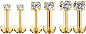 16g CZ Labret Cartilage Tragus Monroe Lip Nose Helix Studs Earrings Stainless Steel Round Cubic Zirconia Piercings Jewelry For Women Men Girls Boys 2mm 3mm 4mm 3 Pairs Set 8mm