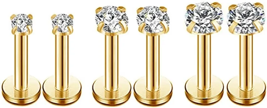 16g CZ Labret Cartilage Tragus Monroe Lip Nose Helix Studs Earrings Stainless Steel Round Cubic Zirconia Piercings Jewelry For Women Men Girls Boys 2mm 3mm 4mm 3 Pairs Set 8mm