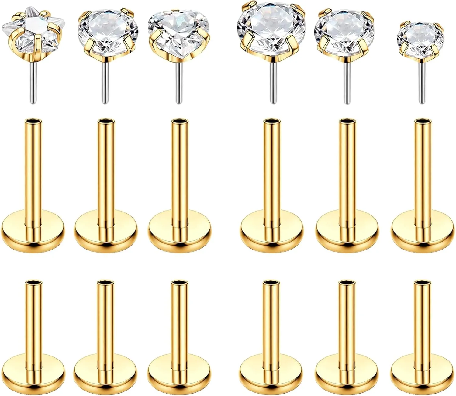 16G Threadless Nose Studs CZ Nose Rings 316L Surgical Steel Labret Studs Lip Rings Push in Flat Back Stud Earrings Star Heart CZ Nose Nostril Tragus Helix Piercing Jewelry