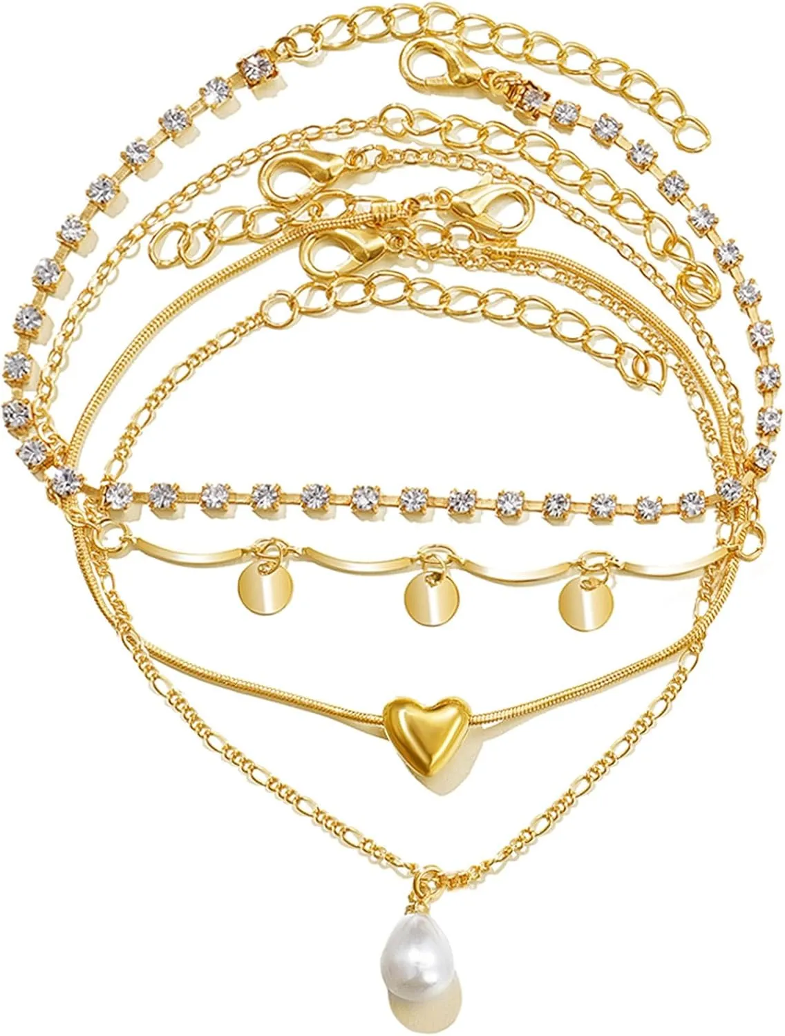 17IF 4 PCS Gold Ankle Bracelets For Women, Pearl Diamond Heart Layering Snake Ankle Bracelets Minimalist Summer Beach Foot Chain Cuban Ankle Jewelry Gift