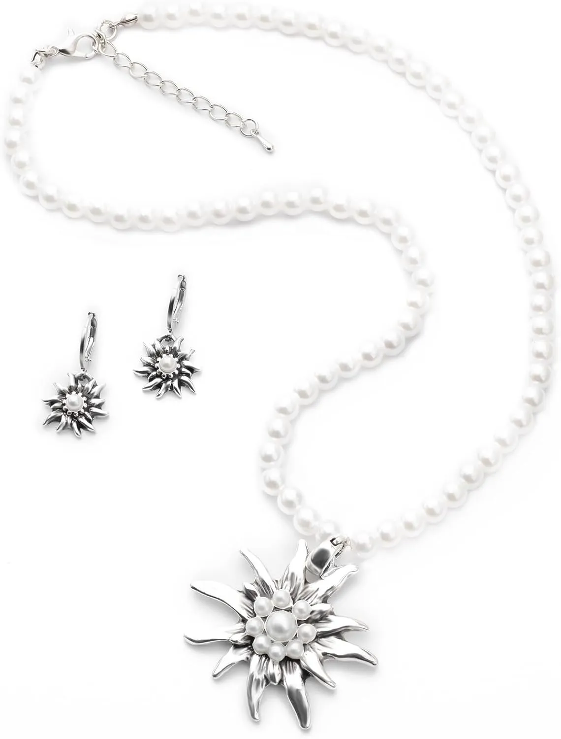 18 inches Faux Pearl Necklace with Snowflake Pendant & Earrings Set, Women Elegant Round Pearl Jewelry for Mother's Day Carnival Wedding