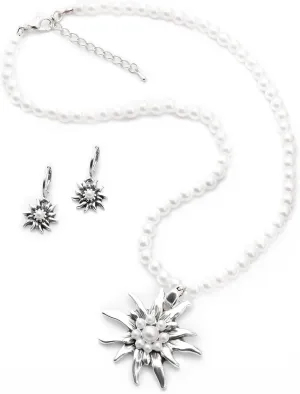 18 inches Faux Pearl Necklace with Snowflake Pendant & Earrings Set, Women Elegant Round Pearl Jewelry for Mother's Day Carnival Wedding