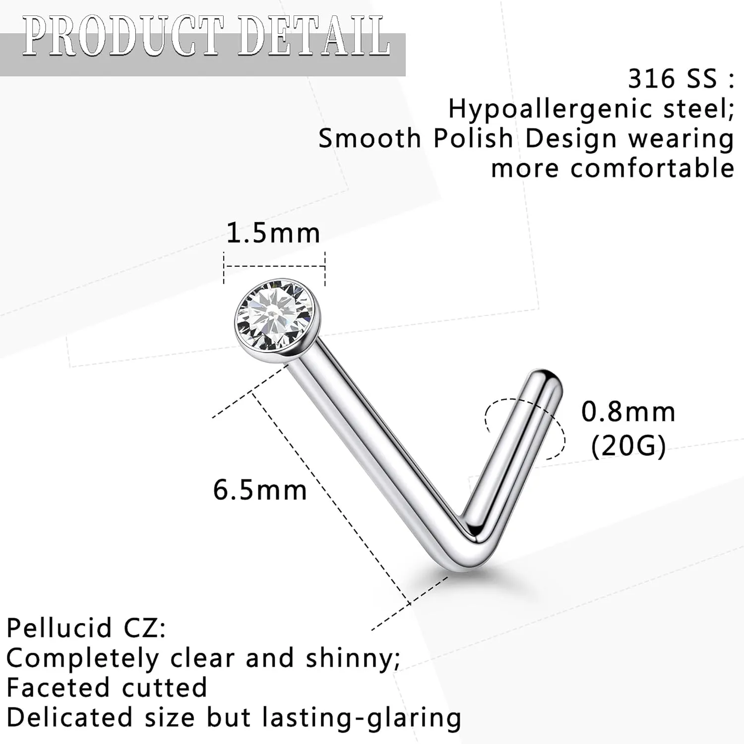 18G 20G 22G Nose Rings Studs Piercing Jewelry For Women Men 316L Surgical Steel Round Cubic Zirconia Nose Rings Studs Nostrial Piercing Jewelry CZ 1.5mm 2mm 2.5mm 3mm 3.5mm 4mm Silver 60Pcs